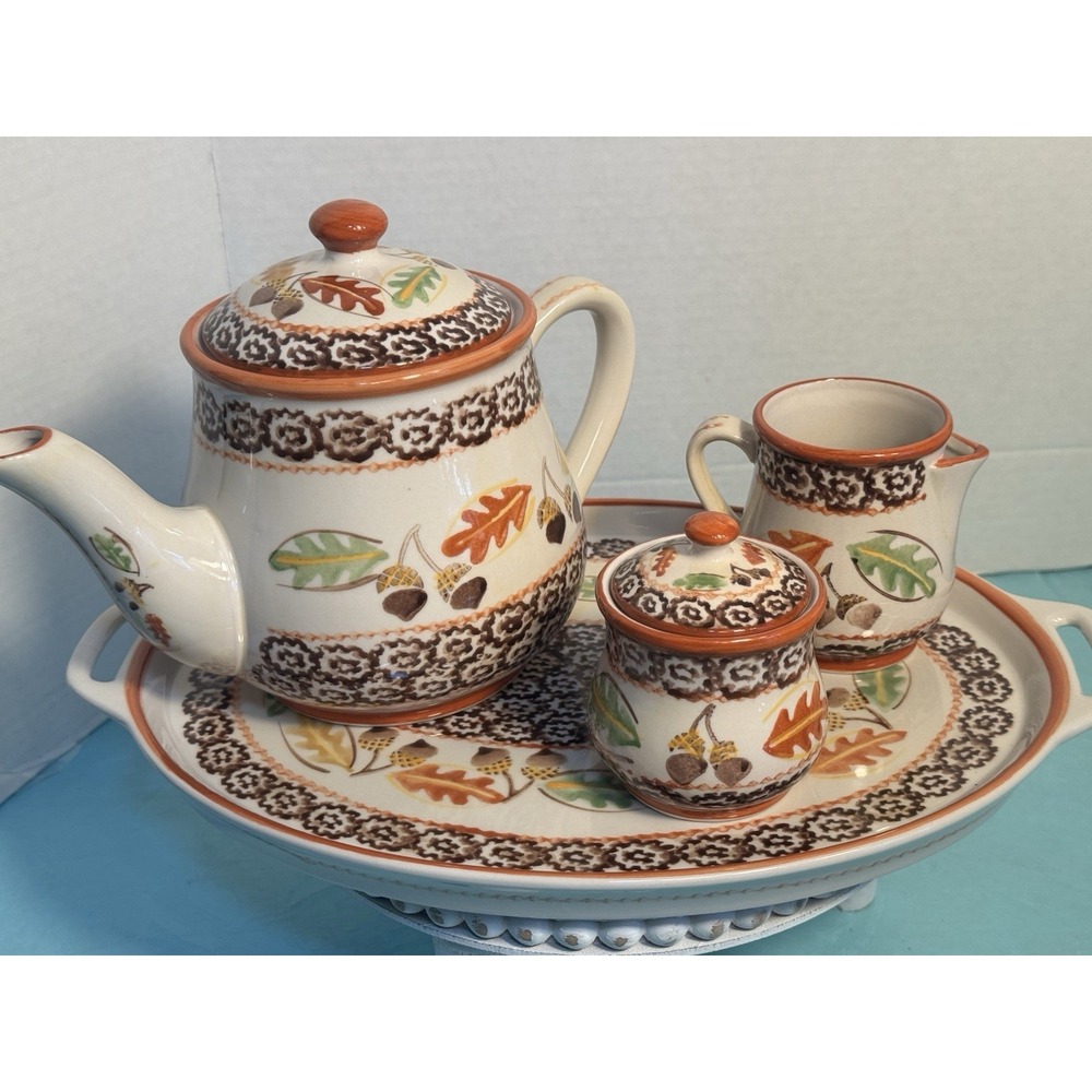 Temp-tations Old World Autumn Tea Serving Set With‎ Tray Fall Leaves Acorns. 6pc
